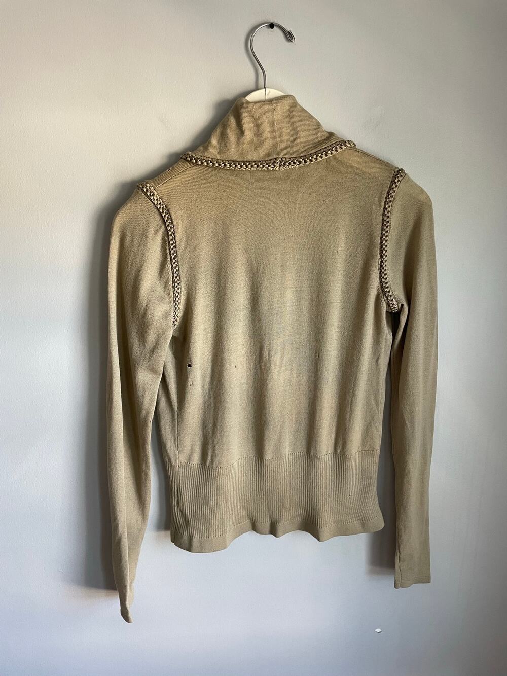 Elie Tahari 100% Merino Wool Open Cardigan Beige Braided Trim XS AS IS Flawed